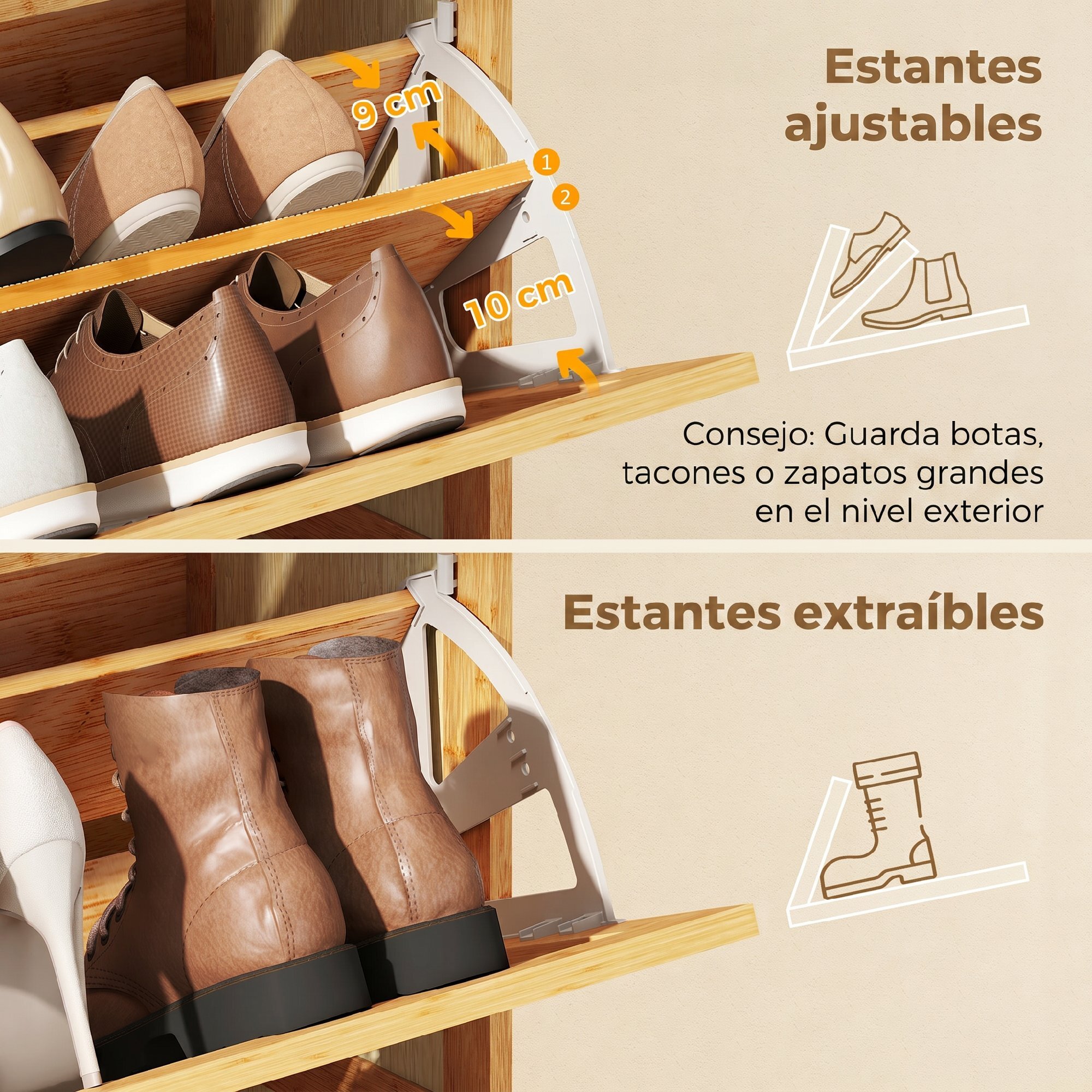 Zapatero Estrecho de Bambú con 3 Cajones Abatibles de Ratán, Mueble Zapatero Bohemio con Estantes Ajustables, para 18-21 Pares de Zapatos, para Pasillos, Entradas, 69x29x119,8 cm, Natural