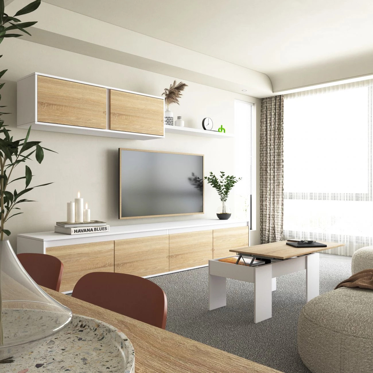 Pack salón con mesa de centro y mesa de comedor Arlet Max V2B Blanco Artik (Blanco Mate) - Roble Canadian