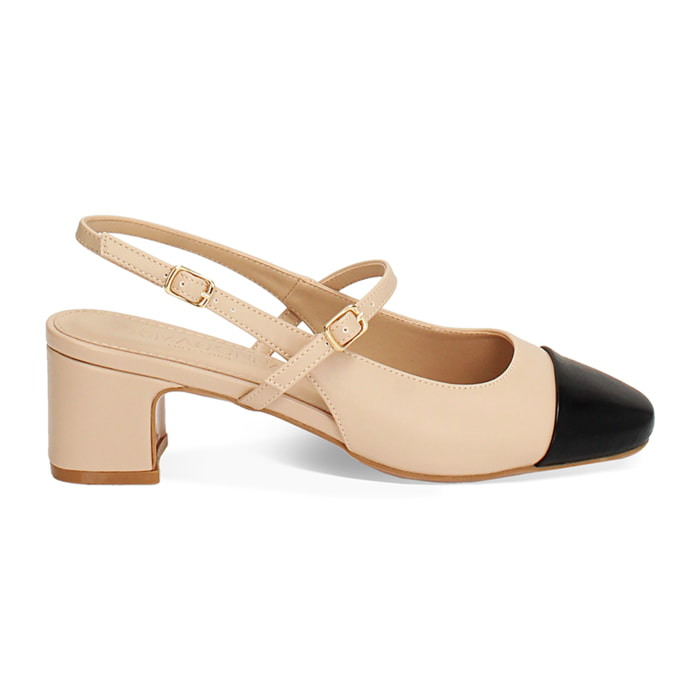 Décolleté slingback donna beige-nere, tacco largo 5 cm