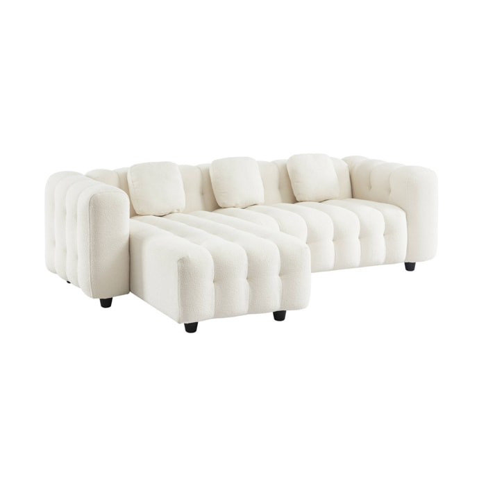 Canapé d'angle réversible 3-4 places bouclette texturée. blanc. capitonné structure bois d'eucalyptus et contreplaqué