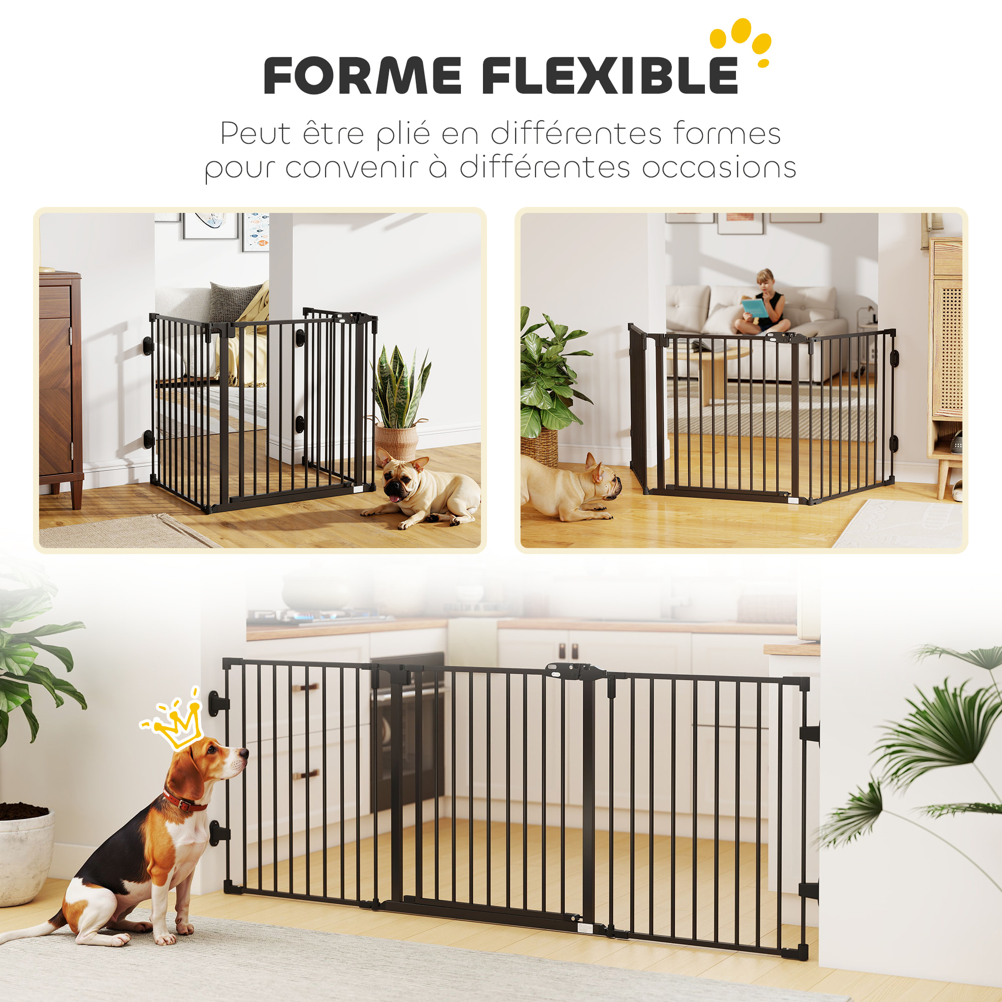 Barrière de sécurité chien pliable modulable 3 panneaux une porte dim. max. L.202,5 x H.76 cm - acier noir
