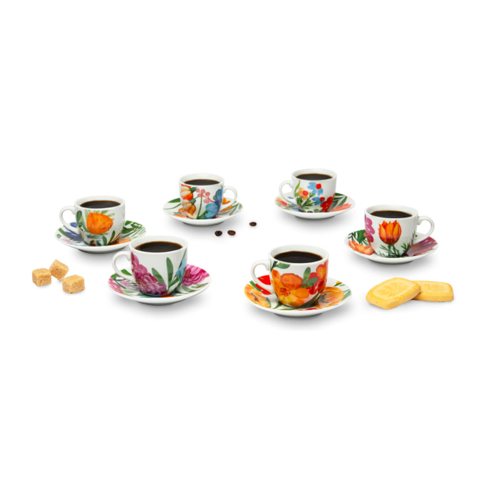 Set 6 Tazzine Caffè con Piattino Excelsa – Blooming, Porcellana Multicolore
