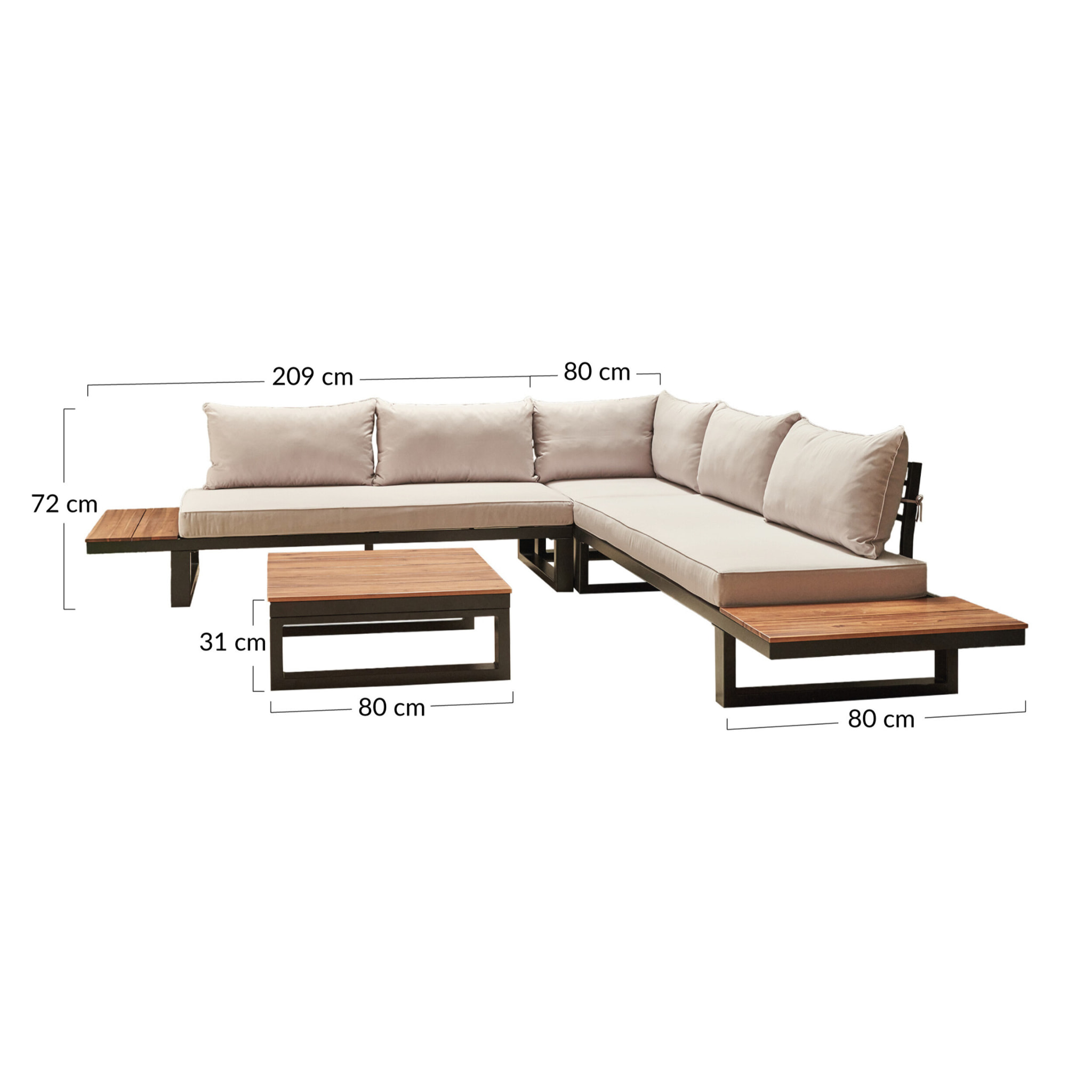 Salome - salon bas de jardin 5 places + table - modulable - bois, métal et coussins beiges - Noir, bois et beige