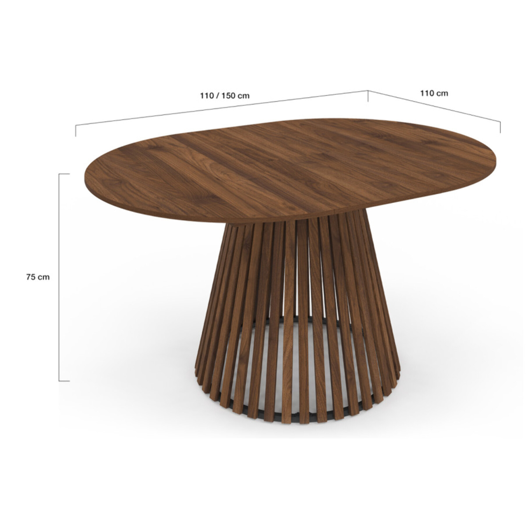 Table à manger ronde extensible Camélia effet noyer et pied lattes Ø110-150cm
