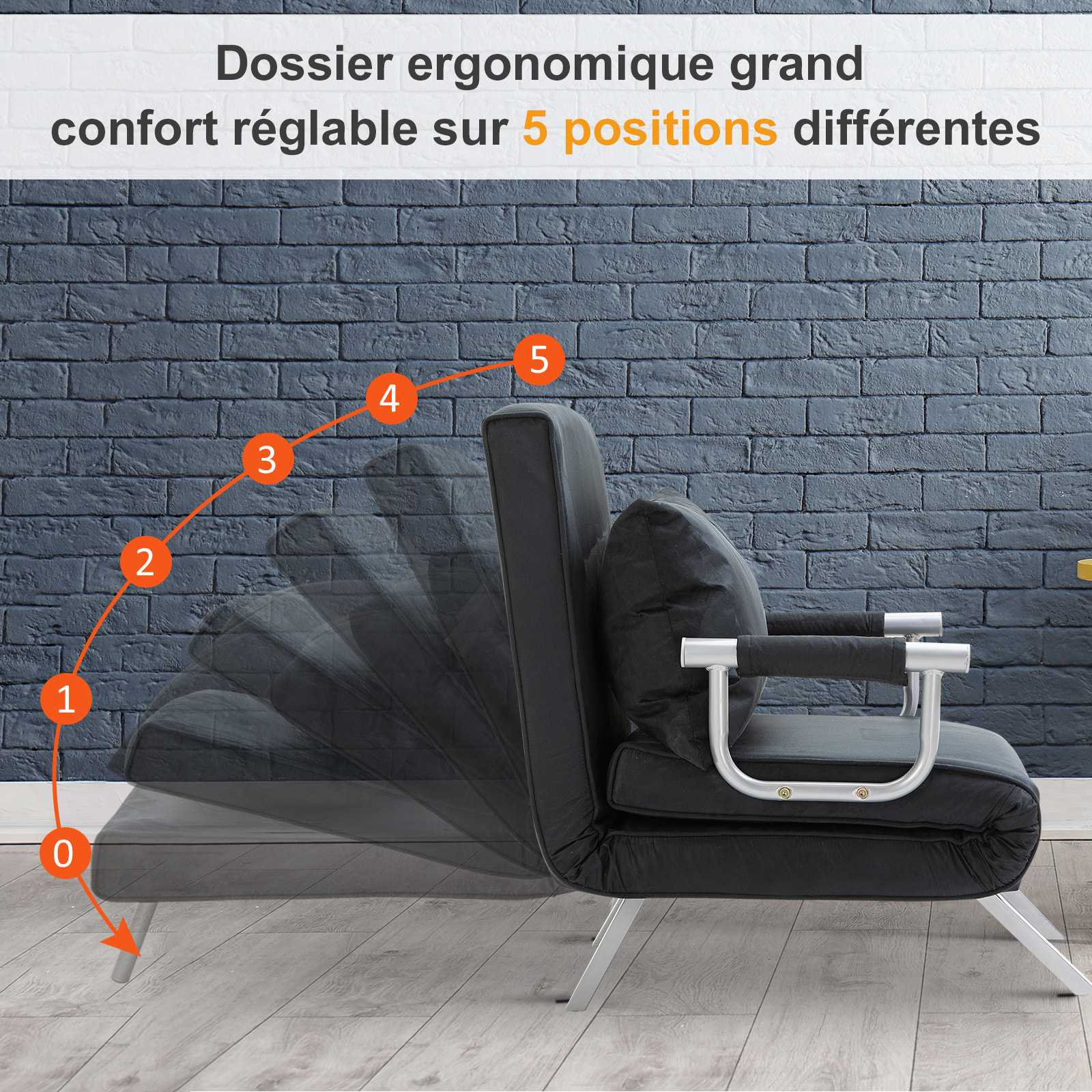 Fauteuil chauffeuse canapé-lit convertible 1 place déhoussable grand confort coussin pieds accoudoirs métal suède noir