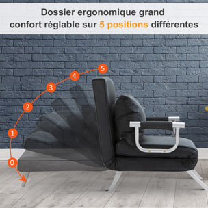 Fauteuil chauffeuse canapé-lit convertible 1 place déhoussable grand confort coussin pieds accoudoirs métal suède noir