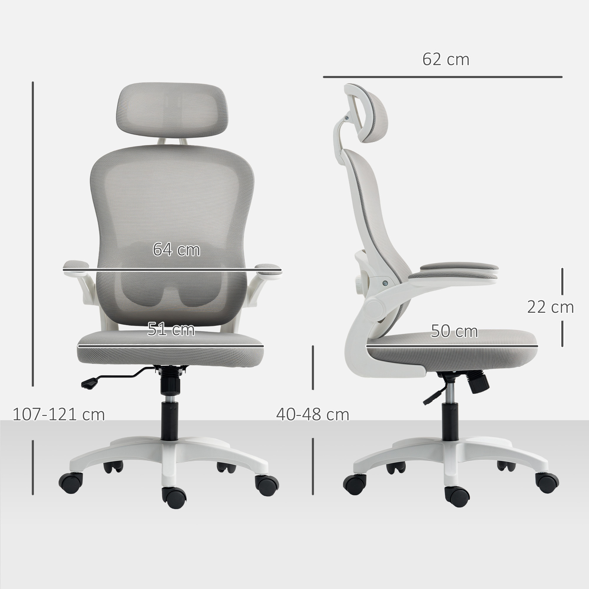Chaise bureau ergonomique accoudoirs relevables tissu maille gris blanc