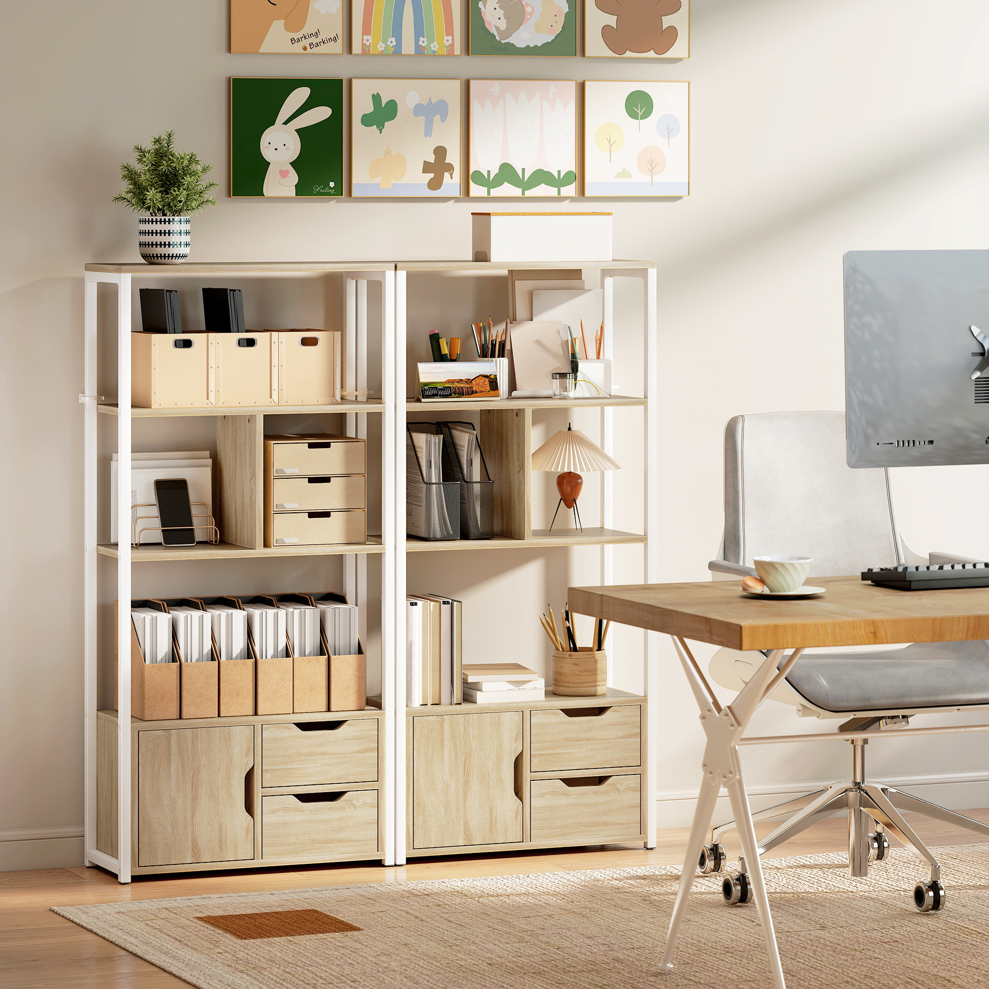 Librería, Estantería para Libros con 4 Estantes, 2 Cajones y Puerta, 58x24x122 cm, Estantería Industrial para Salón, Dormitorio, Estudio, Oficina, Madera Natural