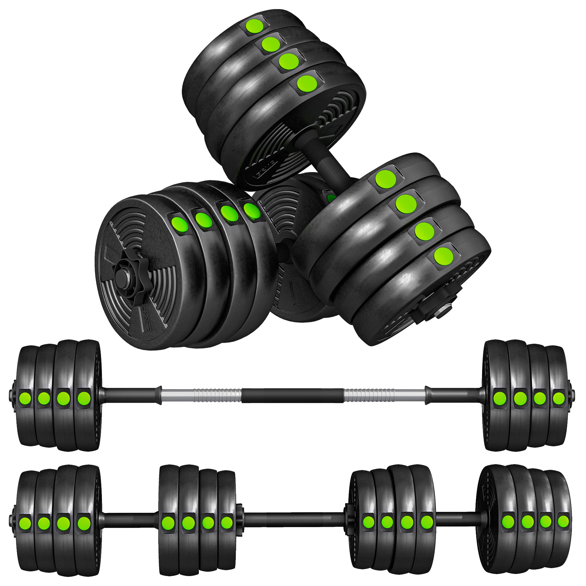 Kit de Mancuernas 30kg 2 en 1 Juego de Pesas con Barra de Pesas Mango Antideslizante Mancuernas Ajustables para Entrenamiento de Fuerza en Hogar Gimnasio Oficina Negro y Verde