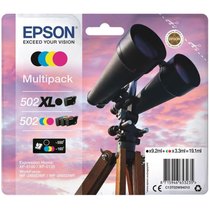 Cartouche d'encre EPSON 502 Noir XL+C/M/J Série Jumelles