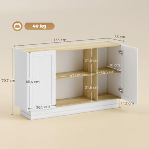 Aparador, Armario de Cocina Moderno con 2 Estantes Abiertos y 2 Puertas de Cierre Suave, Mueble de TV para 60 Pulgadas, Aparador para Salón, Comedor, 133x35x79,7 cm, Madera Natural y Blanco