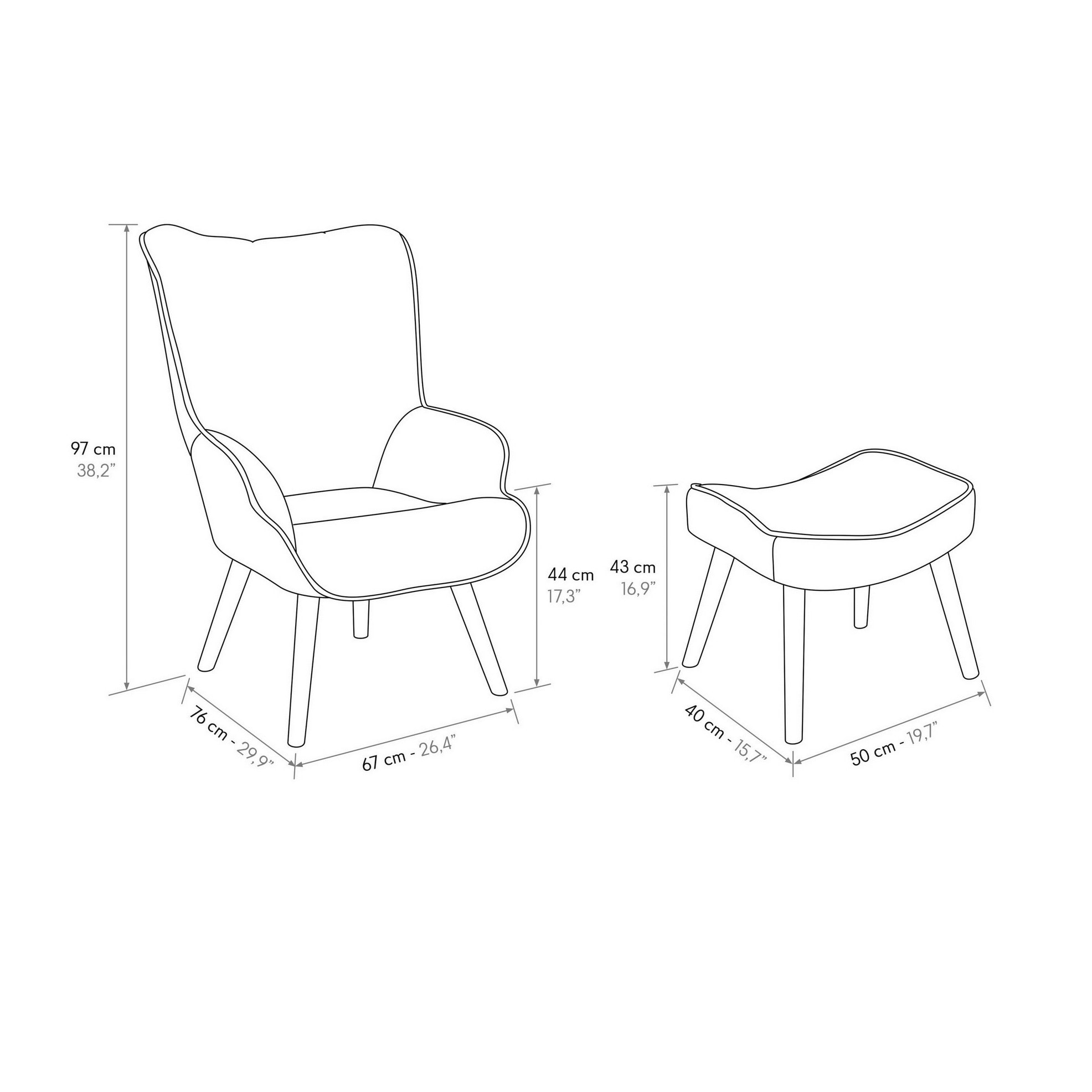 Poltrona HAVANA in tessuto multicolore patchwork e gambe in legno, con poggiapiedi