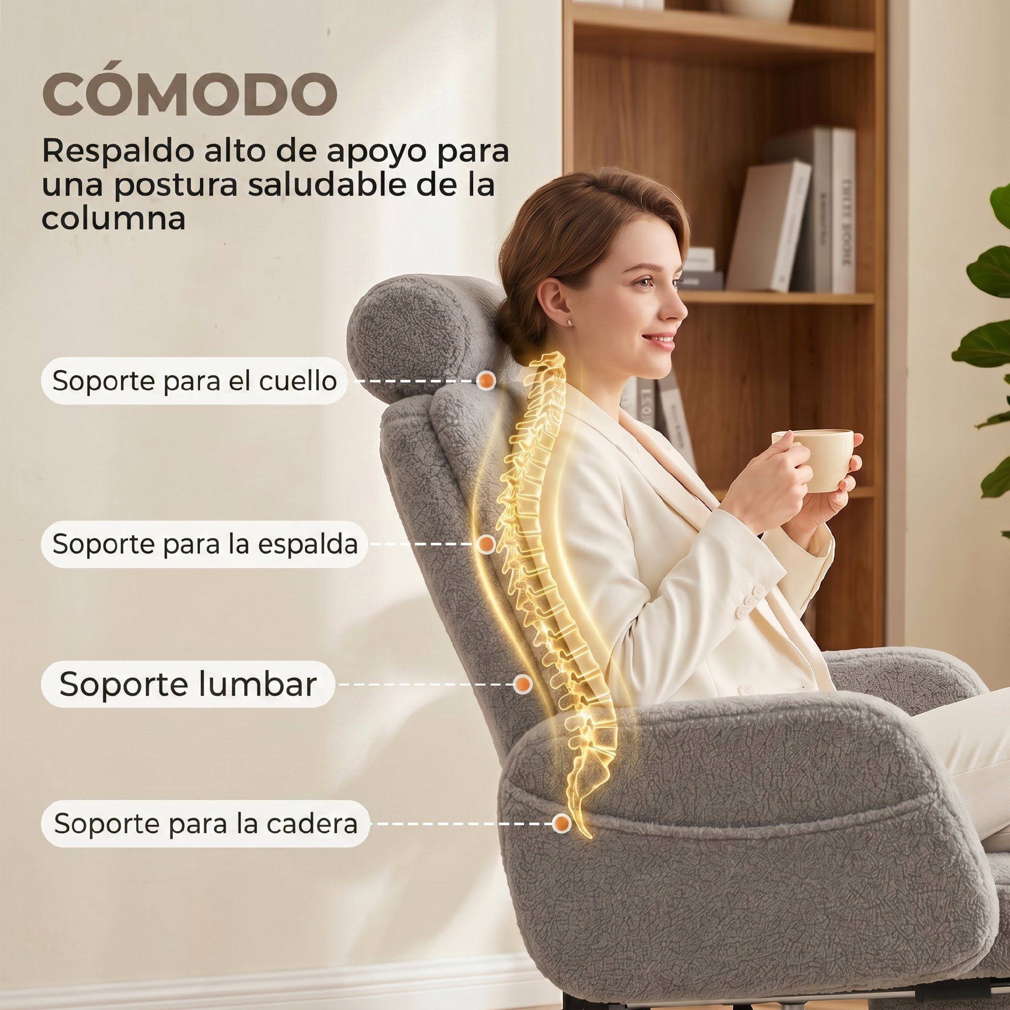 Silla de Escritorio con Reposapiés Tapizada en Borreguito Silla de Oficina con Respaldo Reclinable Reposacabezas Ajustable Respaldo Alto Altura Ajustable Gris Claro