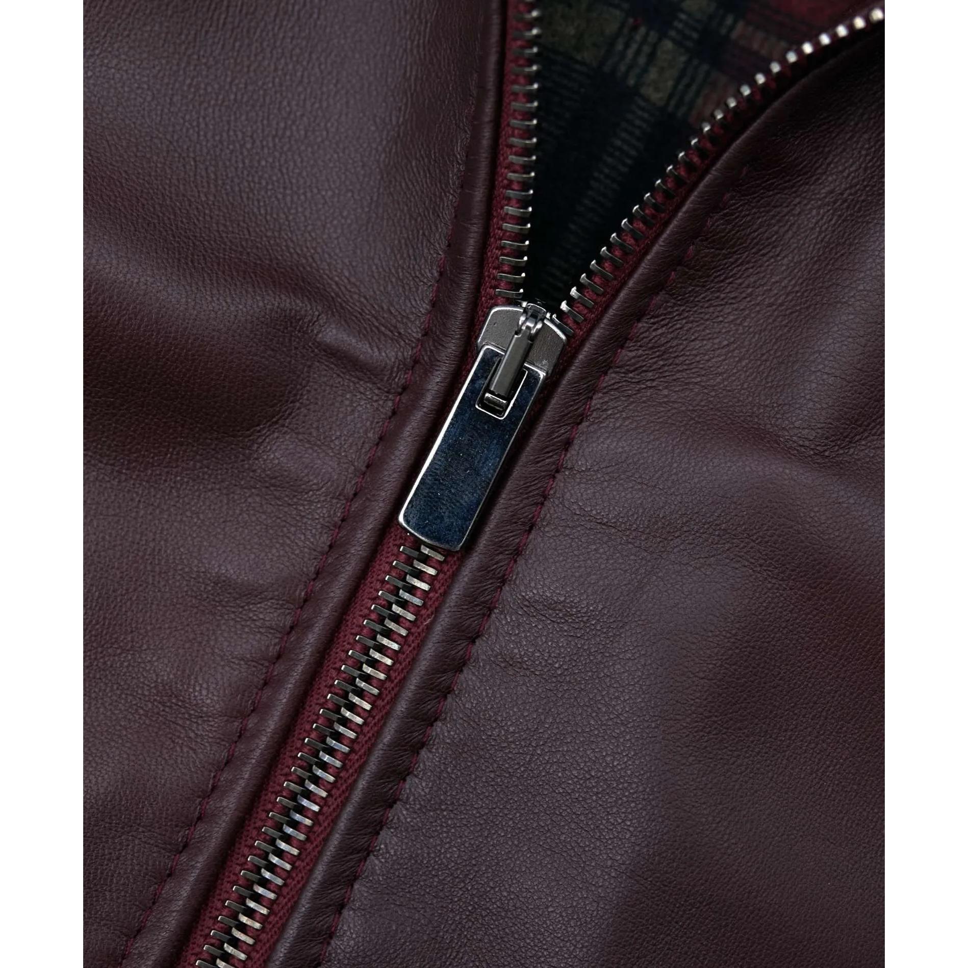 Giubbotto bomber in pelle naturale bordeaux lana a contrasto beige