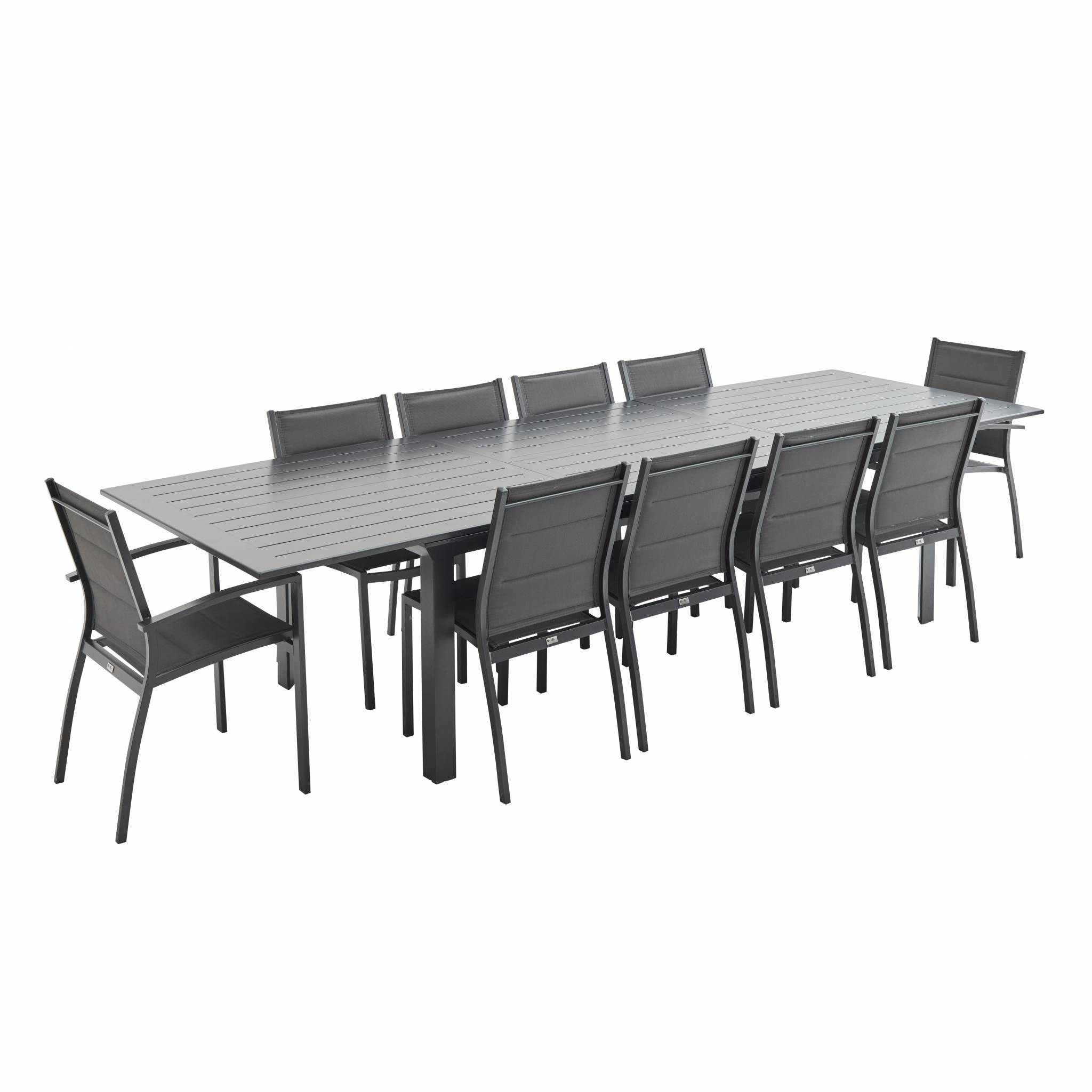 Table de jardin extensible aluminium + 10 assises - Odenton Anthracite - Grande table en aluminium 235/335cm avec rallonge et 10 assises en textilène