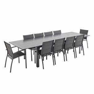 Table de jardin extensible aluminium + 10 assises - Odenton Anthracite - Grande table en aluminium 235/335cm avec rallonge et 10 assises en textilène
