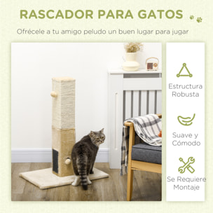 Poste Rascador para Gatos 79 cm Rascador para Gatos Arañador para Gatos con Bola Colgante Cascabel y Poste de Yute 59,5x39x79 cm Beige y Crema