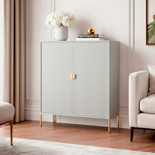 Credenza Mobile Contenitore 2 Ante Cannettate E Piedini Oro Madia Moderna con Ripiani Interni E Chiusura Soft Close 103.6 x 124 x 39.6 Cm Grigio