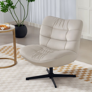 Fauteuil lounge effet matelassé grand confort pivotant piètement acier croisé noir tissu chenille grège