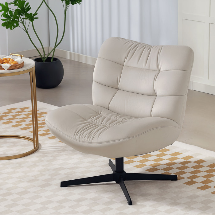 Fauteuil lounge effet matelassé grand confort pivotant piètement acier croisé noir tissu chenille grège