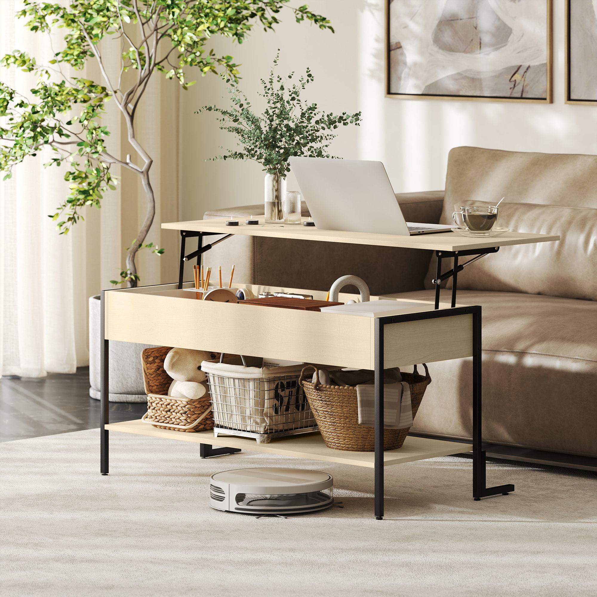 Table basse relevable style industriel - étagère - plateau relevable H.46-59 cm - métal noir effet bois clair