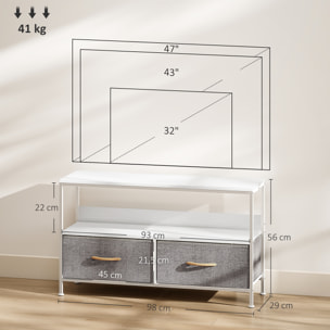 Mueble de TV, Mesa de TV con Estante y 2 Cajones de Tela Plegables, para Televisores hasta 47 Pulgadas, Largo de 98 cm, para Salón, Dormitorio, Blanco y Gris