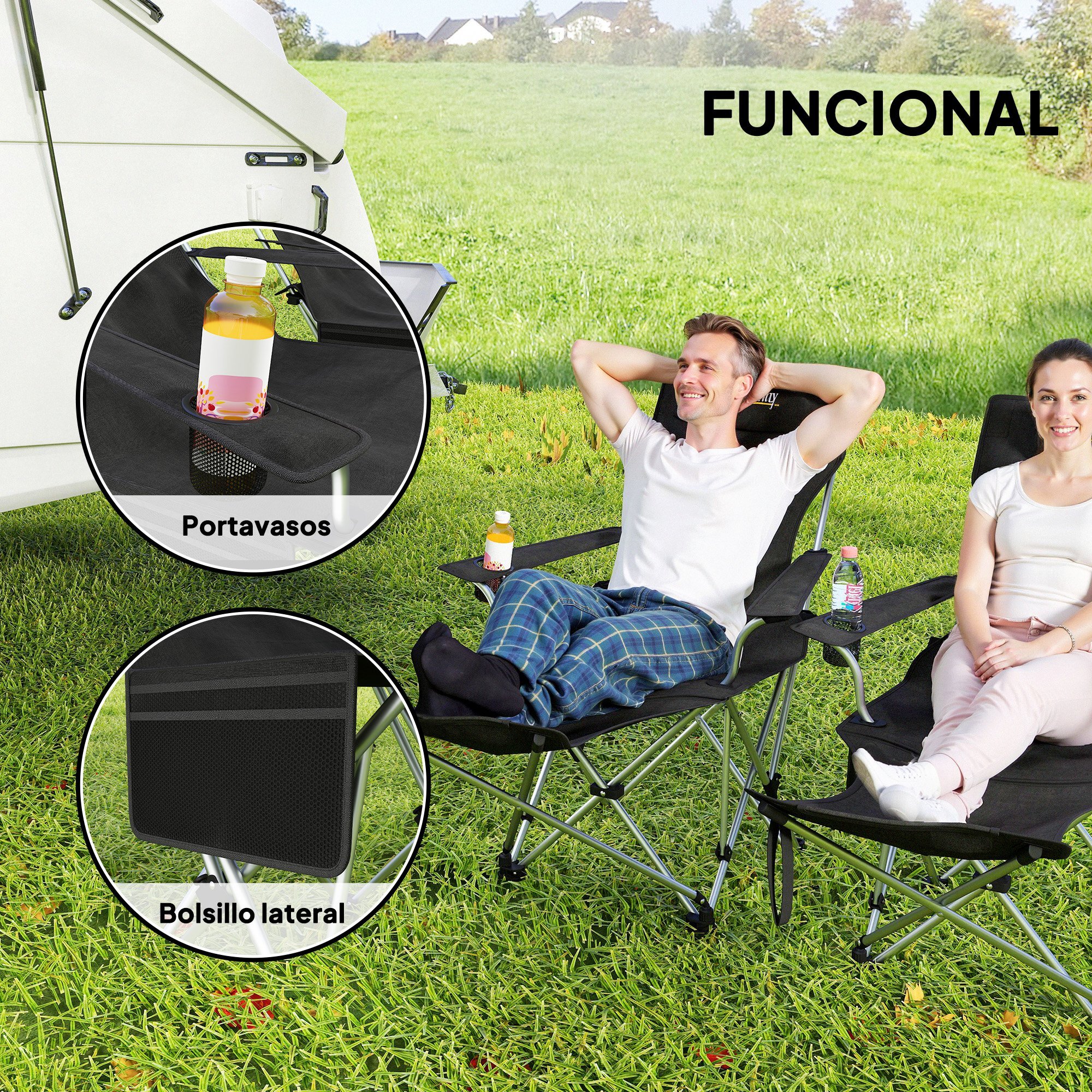 Conjunto de 2 Sillas Plegables Camping Tumbonas Camping Portátiles con Reposapiés Desmontable Reposacabezas Portavasos y Bolsa Lateral Carga 120 kg para Jardín Playa Pesca Negro