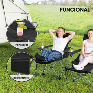Conjunto de 2 Sillas Plegables Camping Tumbonas Camping Portátiles con Reposapiés Desmontable Reposacabezas Portavasos y Bolsa Lateral Carga 120 kg para Jardín Playa Pesca Negro