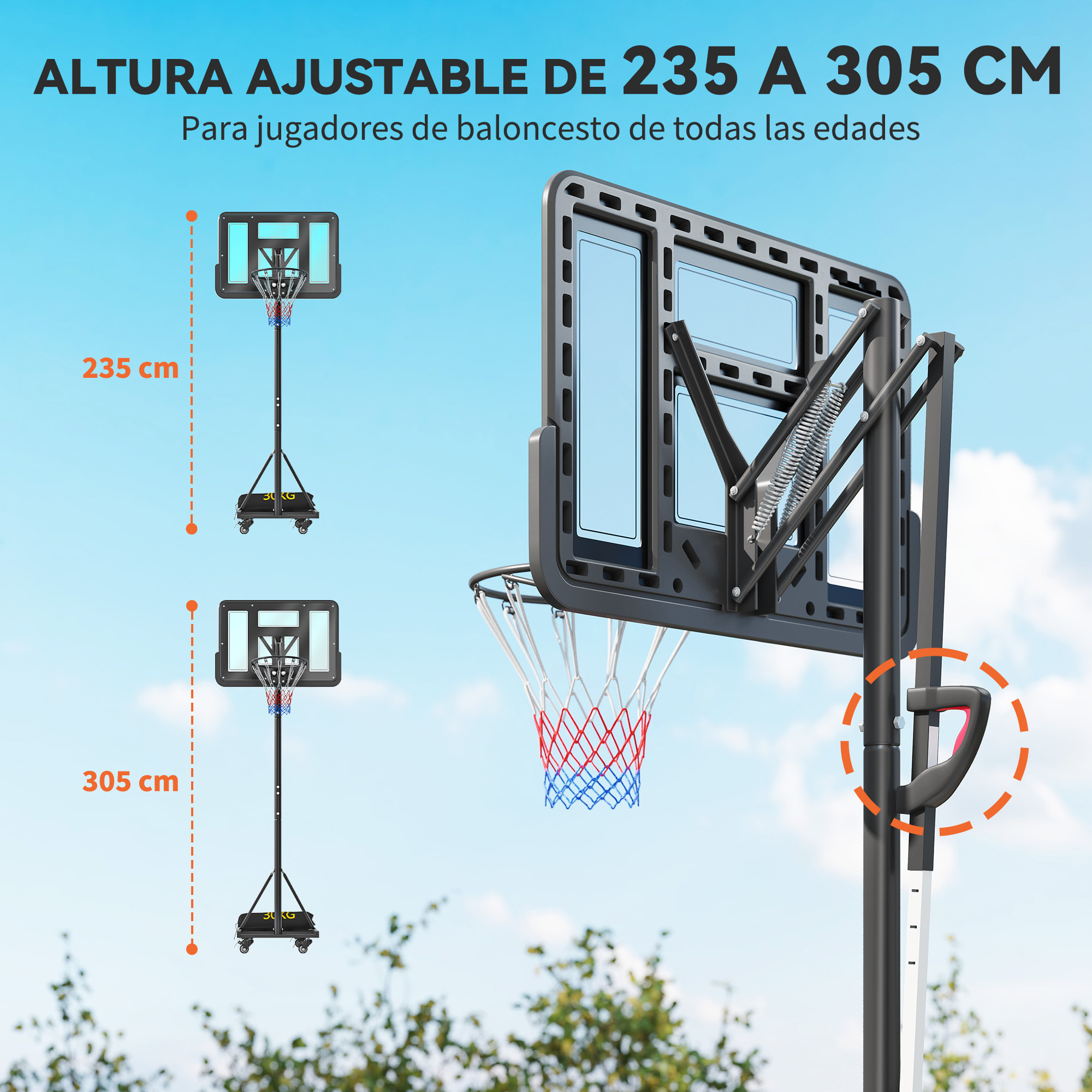 Canasta de Baloncesto para Exterior, Altura Ajustable 235-305 cm, Canasta de Baloncesto Portátil con Tablero Irrompible 110 cm, Ruedas y Saco de Peso, para Adolescentes y Adultos, Negro
