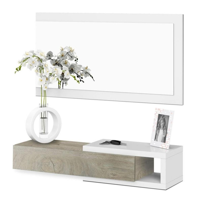 Mueble de recibidor con espejo Noon Blanco Artik (Blanco Mate) – Roble Alaska