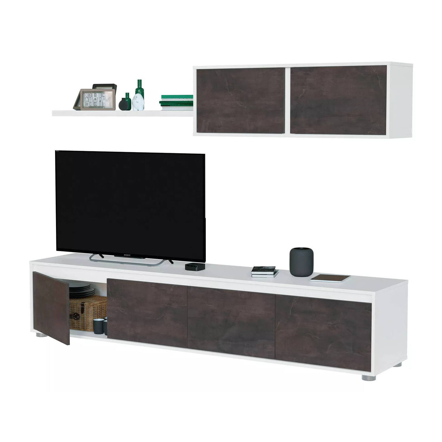 Parete attrezzata Amir, Mobile da soggiorno porta TV, Composizione set salotto, Set salotto con pensile, 200x41h43 cm, Bianco e Ossido