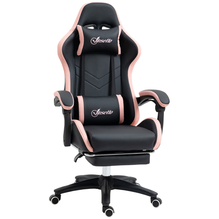 Silla Gaming Silla Gamer Racing de Cuero PU con Altura Ajustable Reclinable 135° Reposacabezas y Reposapiés Retráctil para Oficina Estudio 65x65x121-129 cm Negro