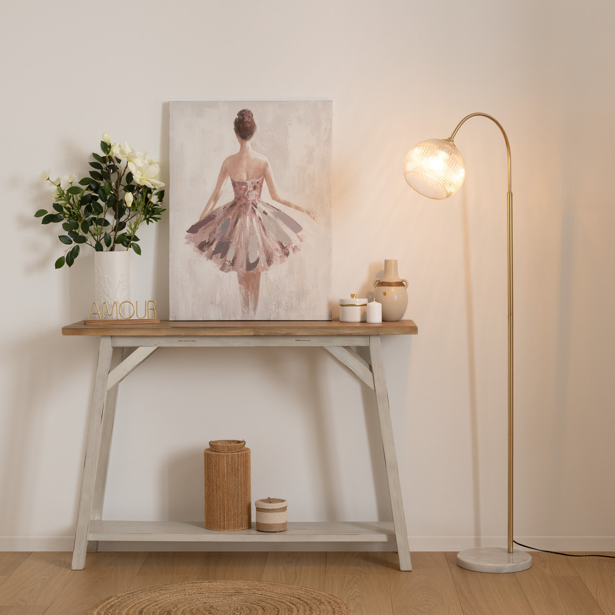 Lampadaire arc "Laye" - blanc et doré - socle en marbre H150 cm
