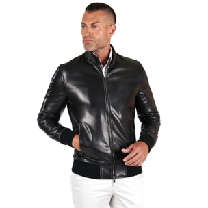 Giubbotto Bomber in pelle nappa nera colletto con bottoni