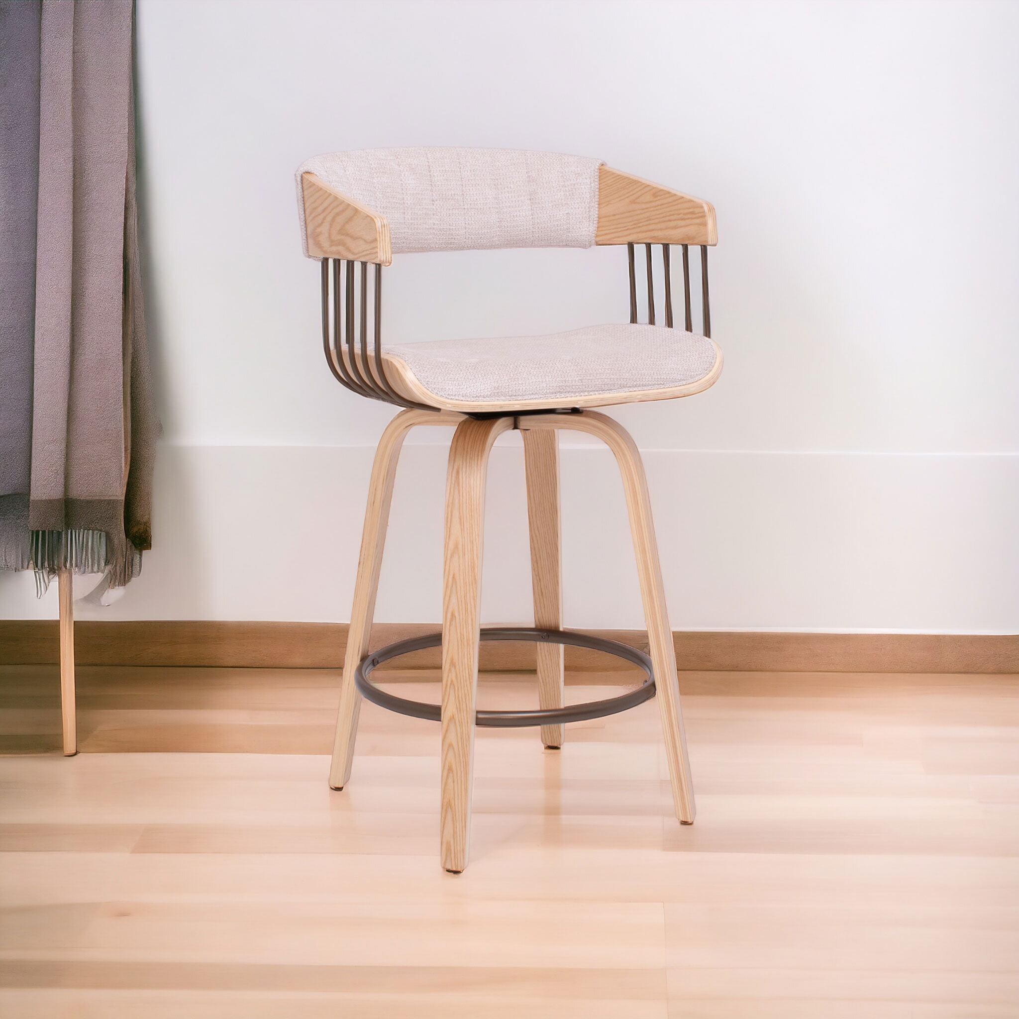 Colonia - Set 2 Sgabelli Imbottiti 49,5x92x37,5 cm Seduta Girevole in Legno Plywood e Tessuto Beige