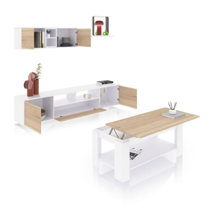 Pack salón con mesa de centro Kenzo Plus V1 Blanco Artik (Blanco Mate) - Roble Canadian