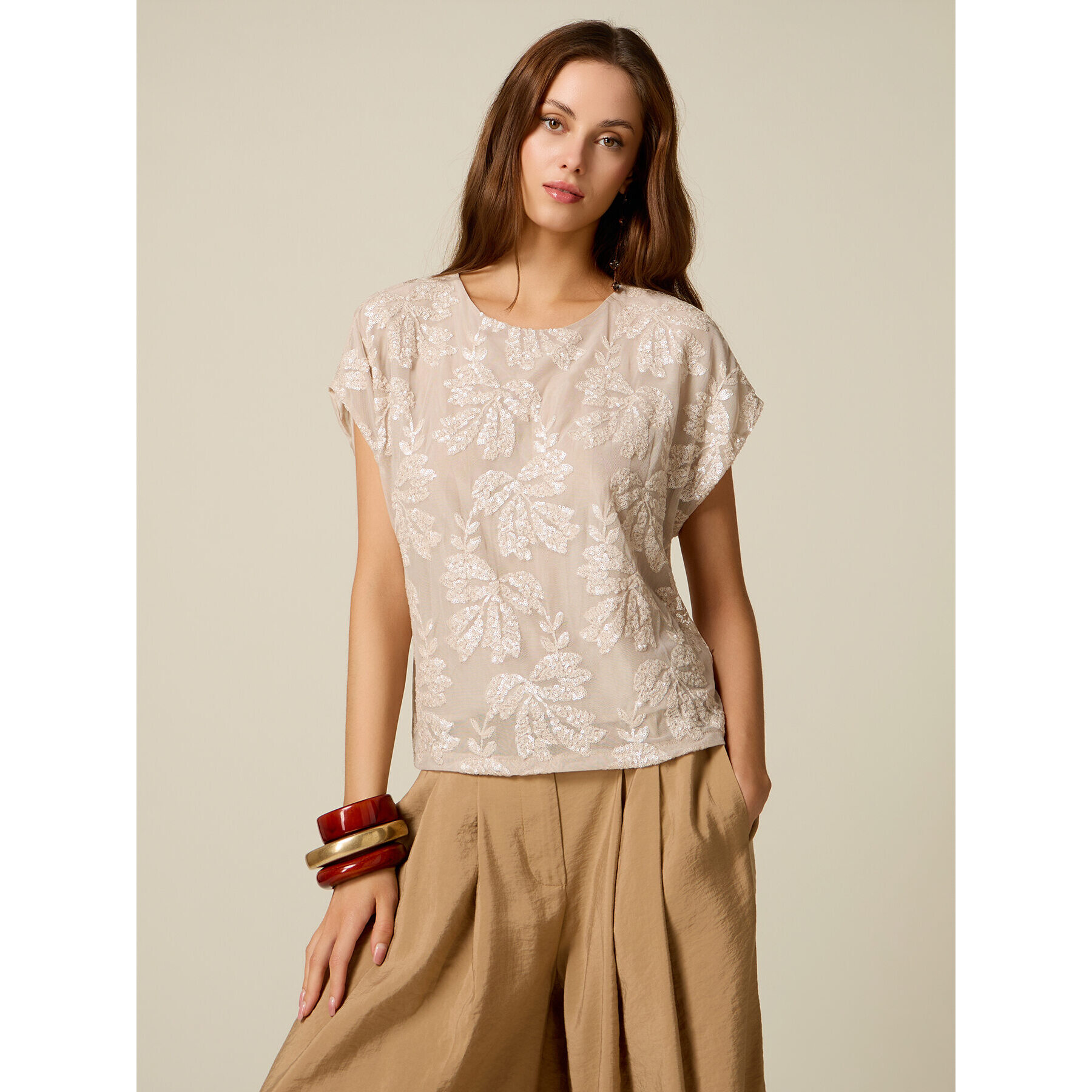 Oltre - Blusa bordada con encaje - Beige