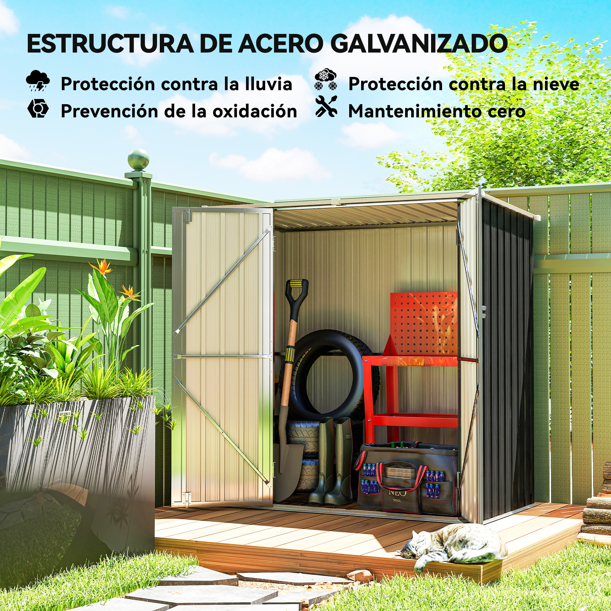 Caseta de Jardín Exterior 1,37 m², 163x89x163 cm, Cobertizo de Jardín Exterior Metálico con Techo Inclinado, Puertas con Pestillo y Guantes para Almacenamiento de Herramientas, Gris Oscuro
