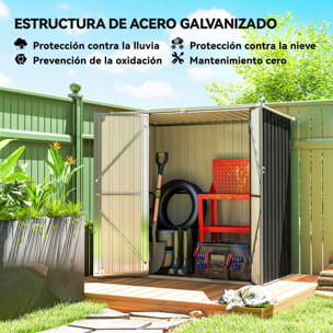 Caseta de Jardín Exterior 1,37 m², 163x89x163 cm, Cobertizo de Jardín Exterior Metálico con Techo Inclinado, Puertas con Pestillo y Guantes para Almacenamiento de Herramientas, Gris Oscuro