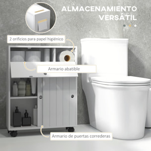 Mueble Auxiliar Baño Moderno Armario de Baño con 4 Ruedas 2 Agujeros para Papel 2 Armarios y Estantes Ajustables Mueble Auxiliar de Almacenaje para Salón 52x17x67 cm Blanco