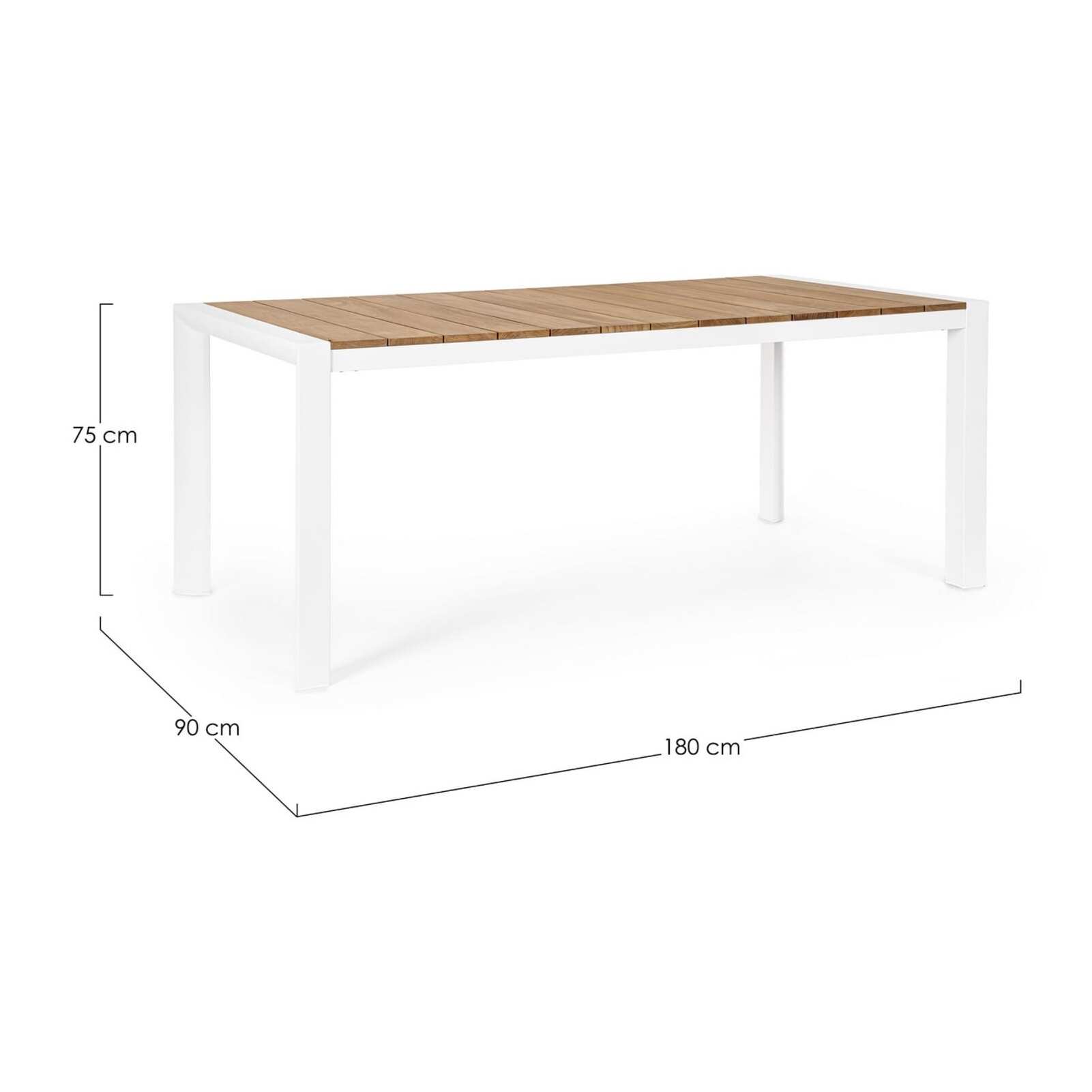 Tavolo da giardino CAMERON con piano in teak e struttura in alluminio bianco, 180×90 cm