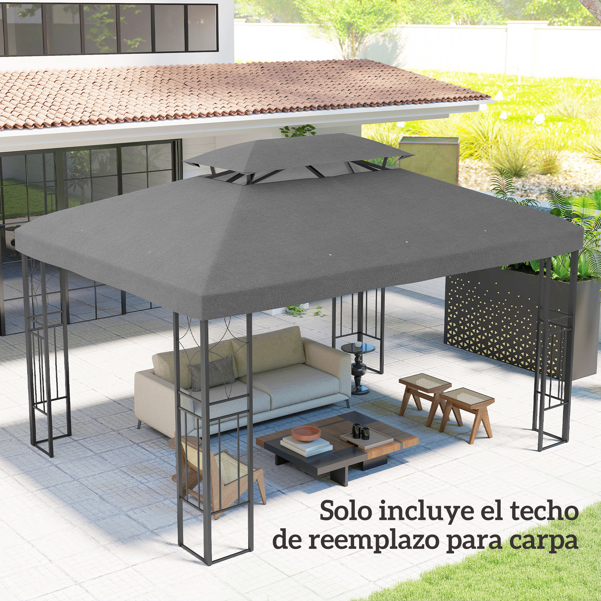 Techo de Repuesto para Cenador, 4x3 m, Cubierta de Repuesto con Techo Doble, 10 Orificios de Drenaje y Protección UV, SOLO Toldo de Recambio para Pabellón Gazebo, Gris