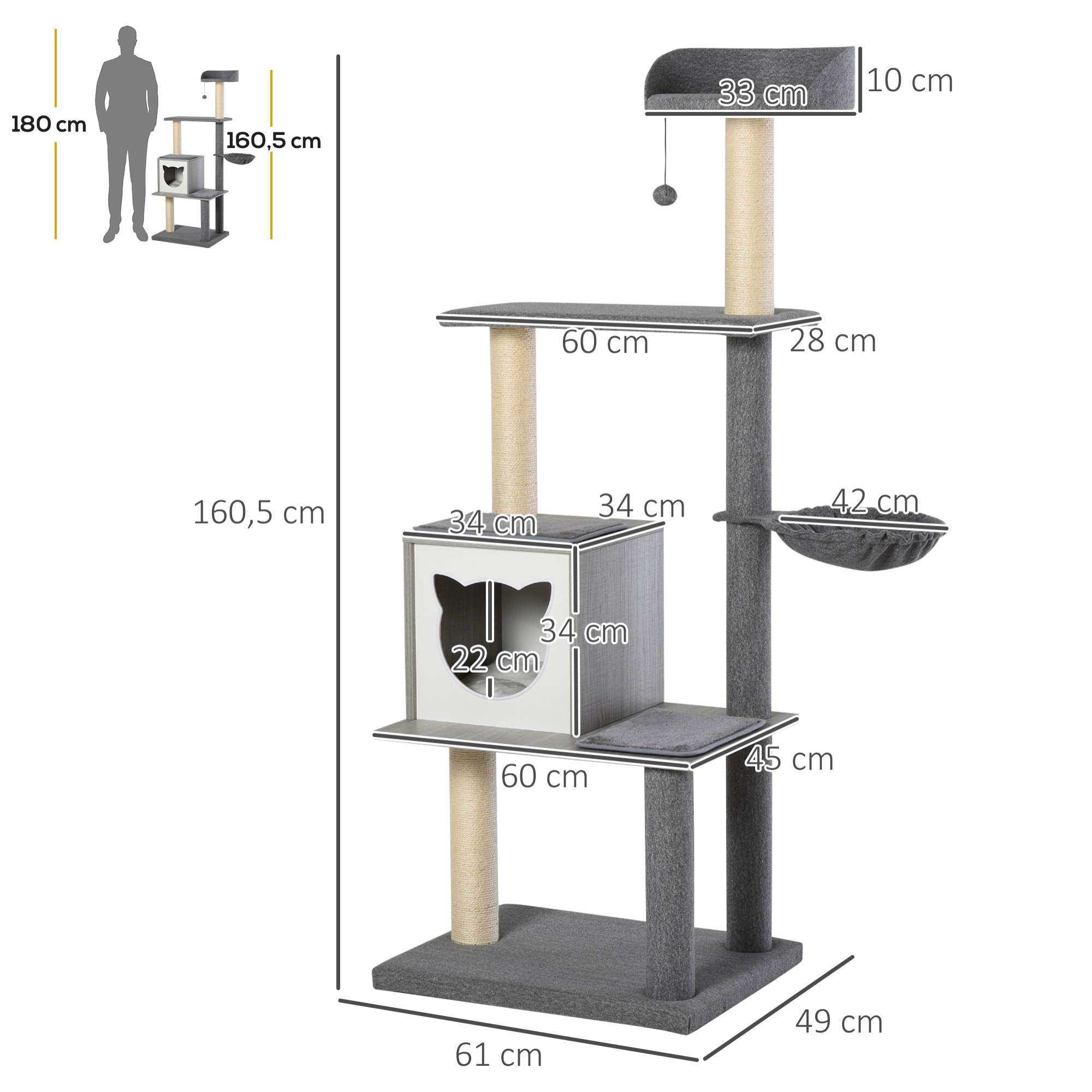 Árbol Rascador de Gatos de Felpa y Sisal 61x49x160,5 cm Gris