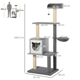 Árbol Rascador de Gatos de Felpa y Sisal 61x49x160,5 cm Gris