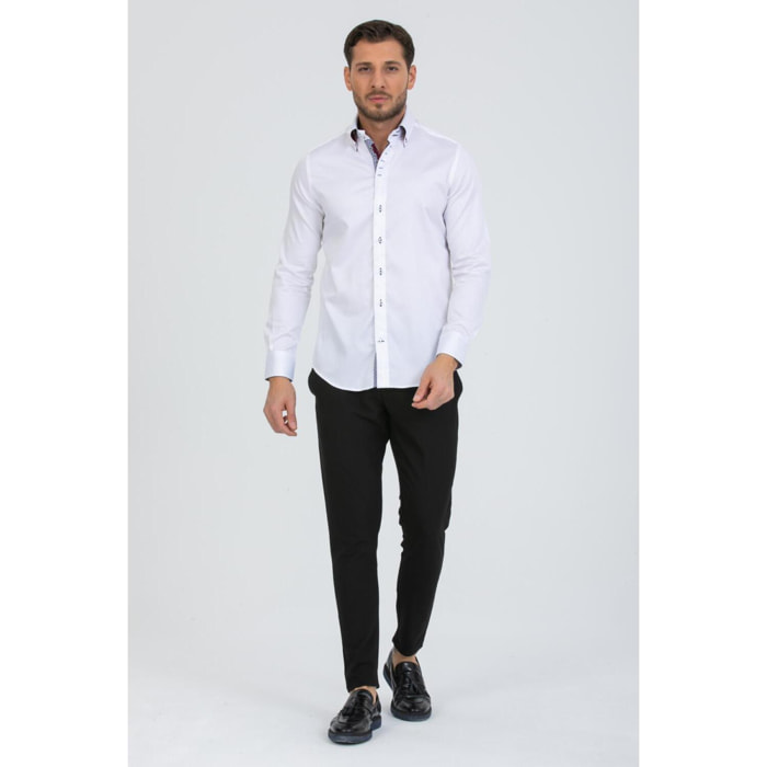 Camicia Uomo 2 Bottoni Button Down Slim Satin Unito Bianco