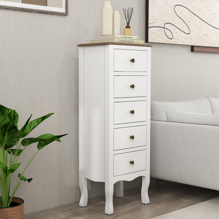 Meuble de rangement chiffonnier style néo-rétro 5 tiroirs poignées boutons bois MDF blanc