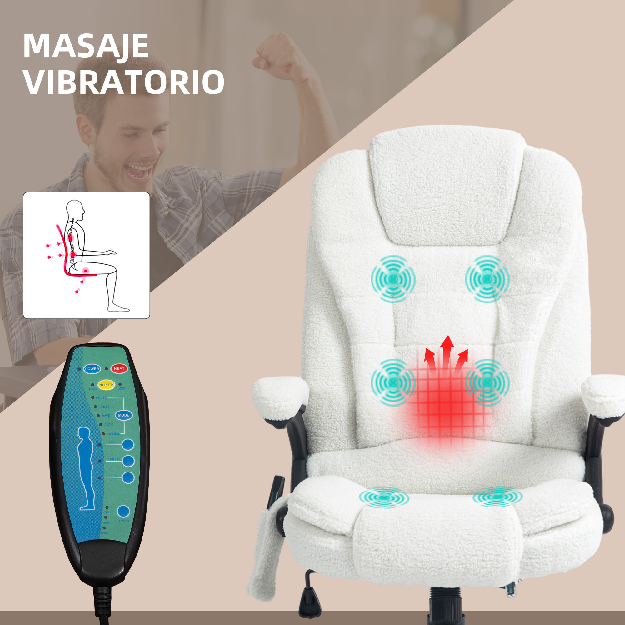 Silla de Masaje con 6 Puntos de Masaje Silla de Oficina Giratoria Silla de Escritorio con Función de Calefacción Altura Ajustable Control Remoto y Reposacabezas Tejido de Borreguillo Blanco