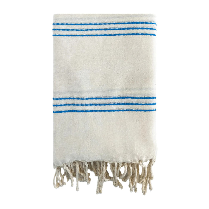 Fouta plate traditionnelle XL - Calliope Écru/Turquoise - 190g/m²