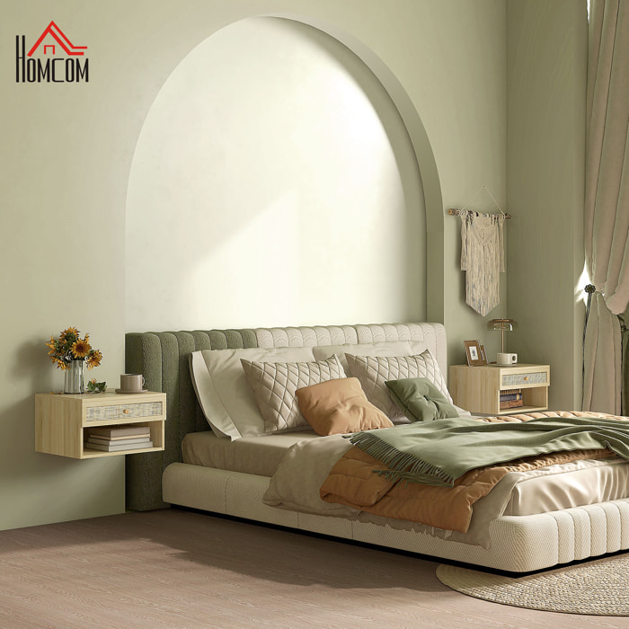 Juego de 2 Mesitas de Noche Flotantes Mesitas de Noche Colgantes con Compartimento Abierto y Cajón con Frontal de Ratán Mesas de Noche para Habitación Hogar 40x34x23 cm Natural