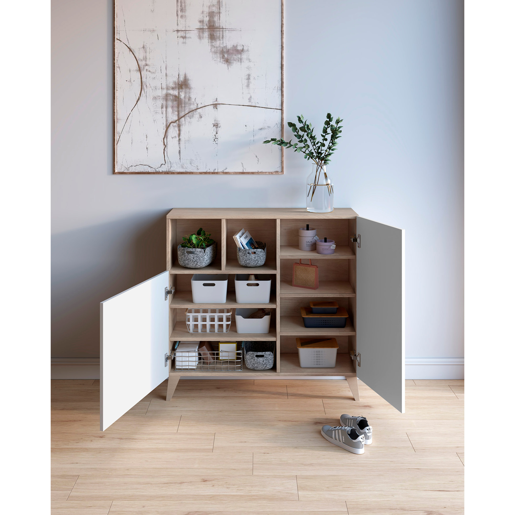 Zapatero Oslo melamina roble claro puertas blanco 87x90x27 cm